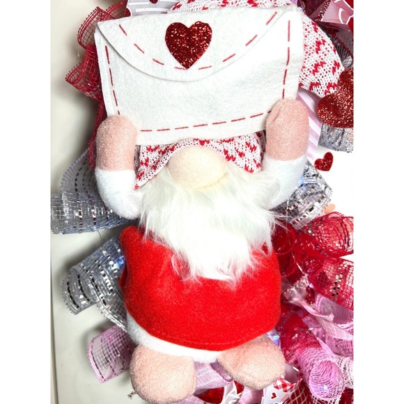 XL Handmade Be My Valentine Gnome Hearts Ribbon Prelit Wreath 26 ins LED XLW6 - Picture 4 of 12